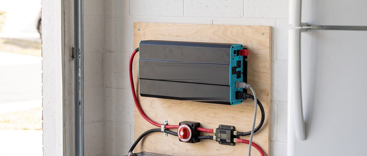 Wall-mounted pure sine wave inverter connected to a two-battery bank in a garage