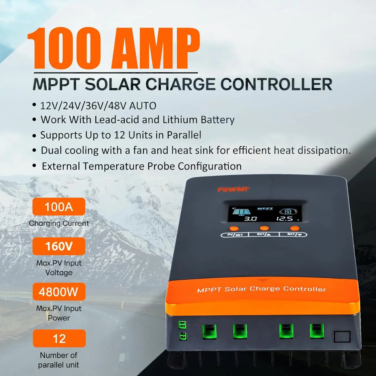 PowMr MPPT Solar Charge Controller - 60A, 80A or 100A, 12V to 48V