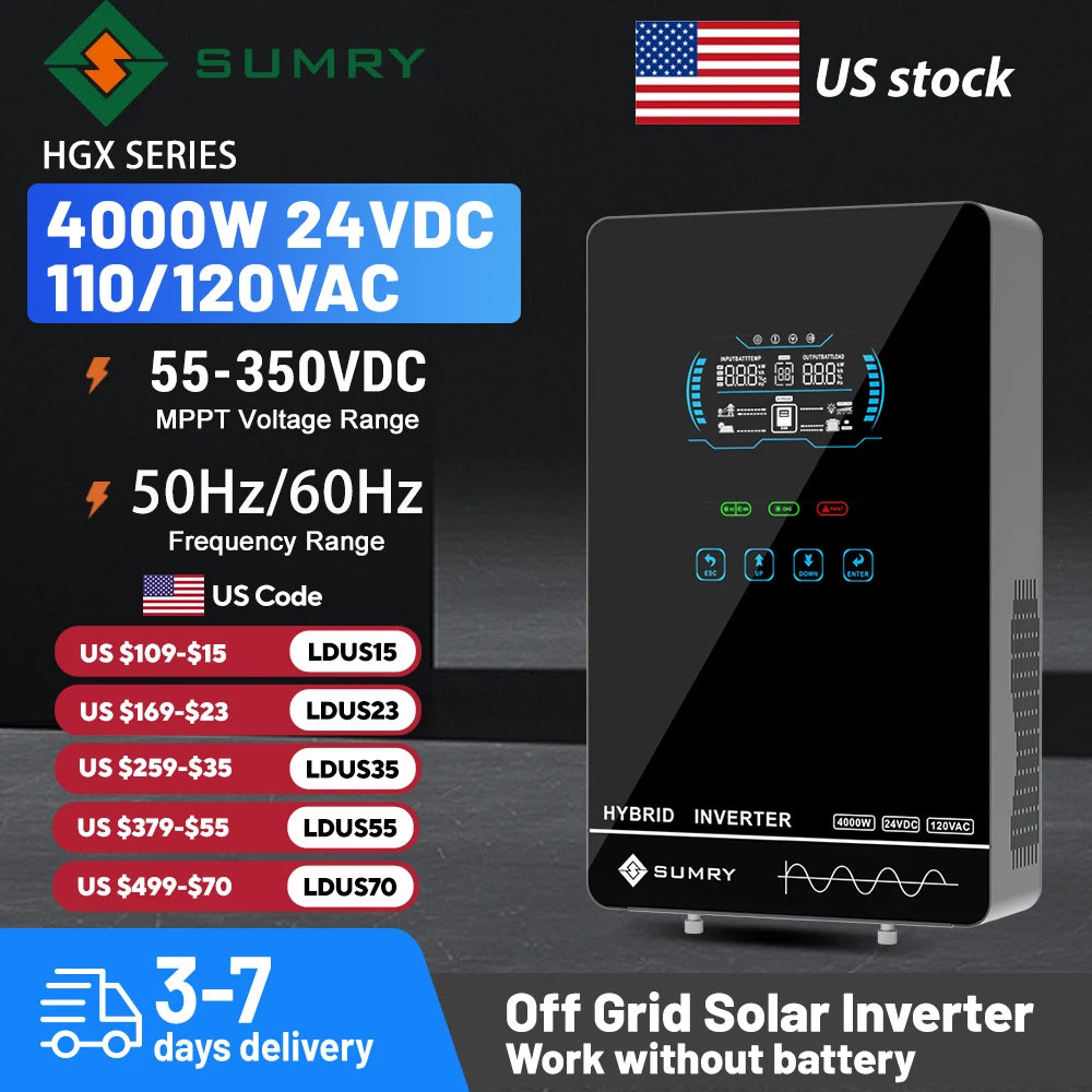 SUMRY HGX 4000W Pure Sine Wave Inverter Charger - 24V to 120V, 140A MPPT, 5600W Max PV