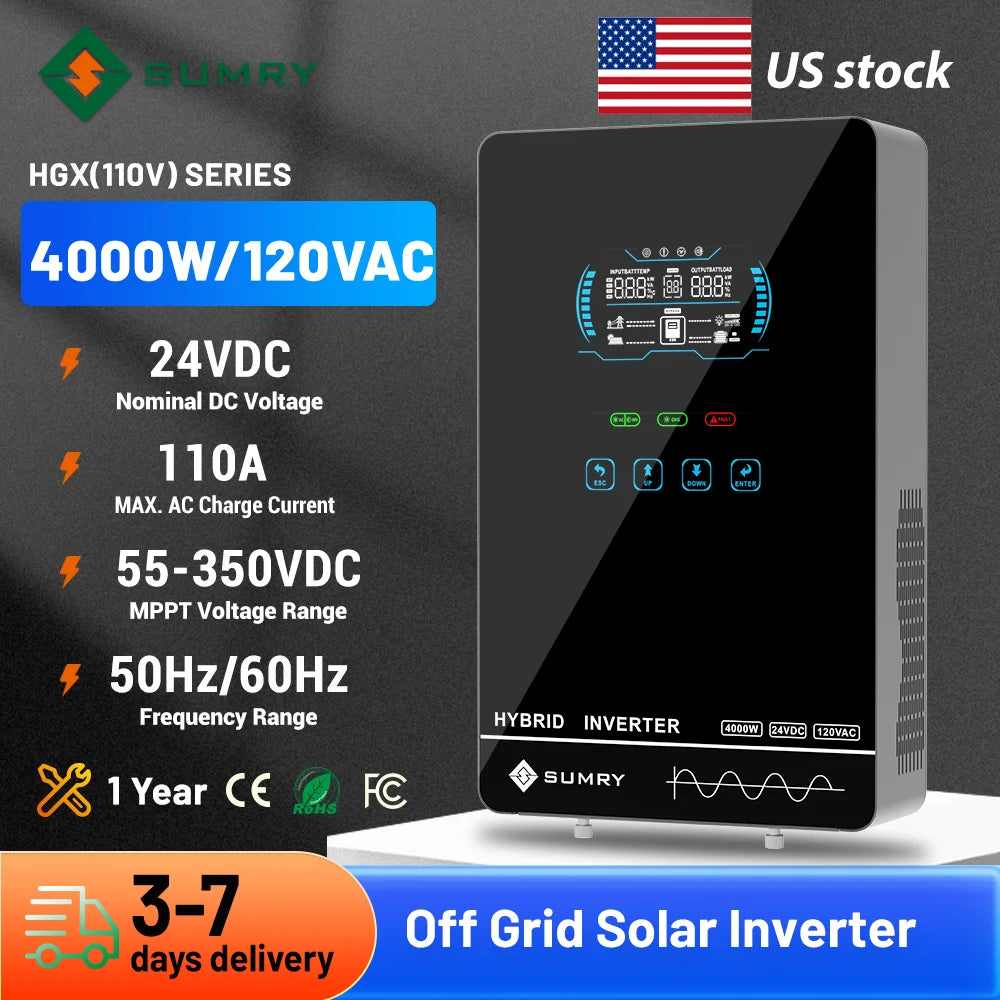 SUMRY HGX 4000W Pure Sine Wave Inverter Charger - 24V to 120V, 140A MPPT, 5600W Max PV