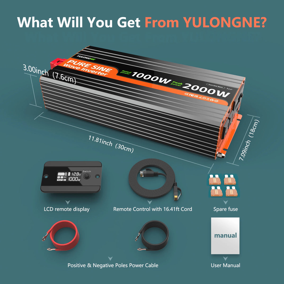 YULONGNE 1000W Pure Sine Wave Inverter - 12V DC to 110V AC
