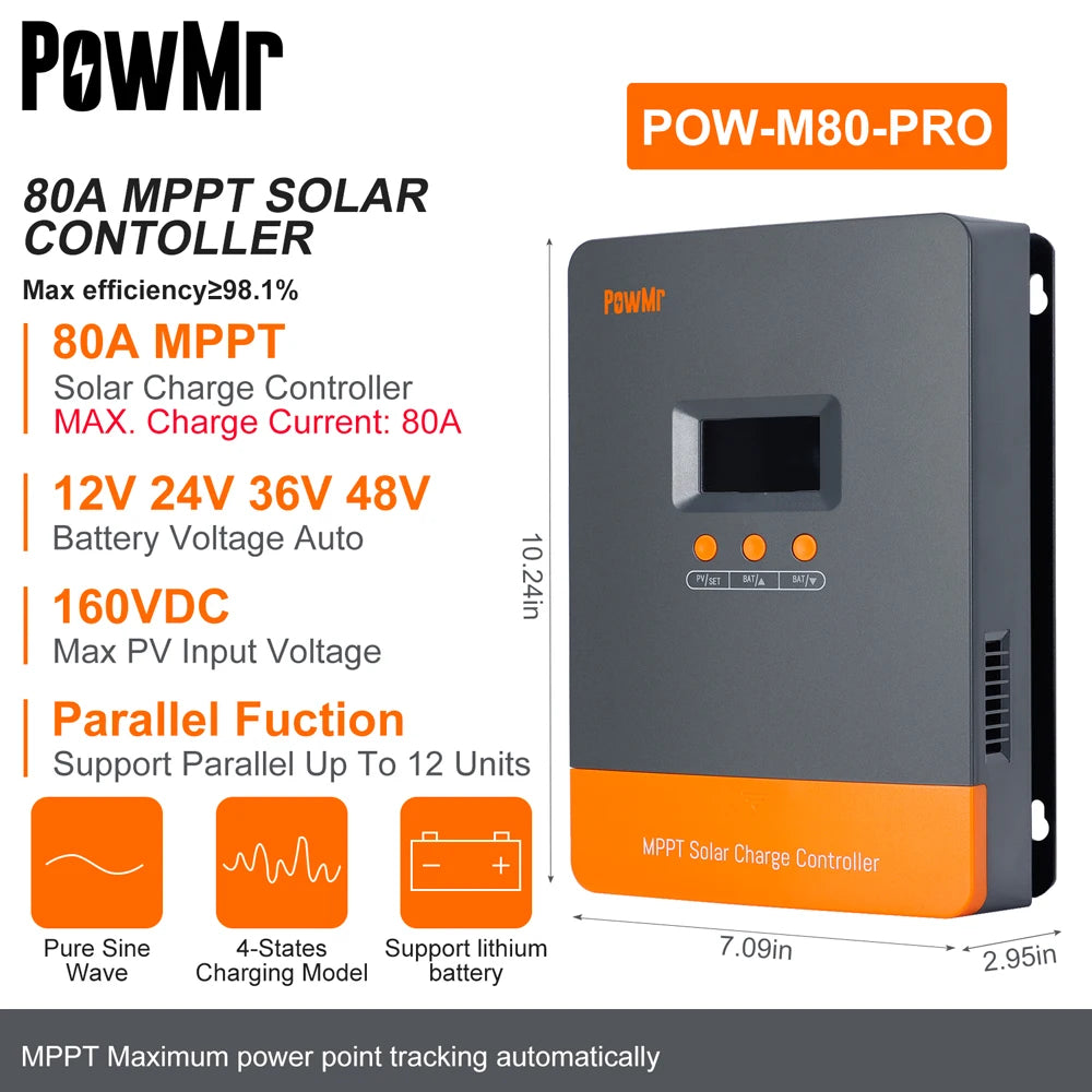 PowMr PRO MPPT Solar Charge Controller - 80A or 100A, 12V to 48V