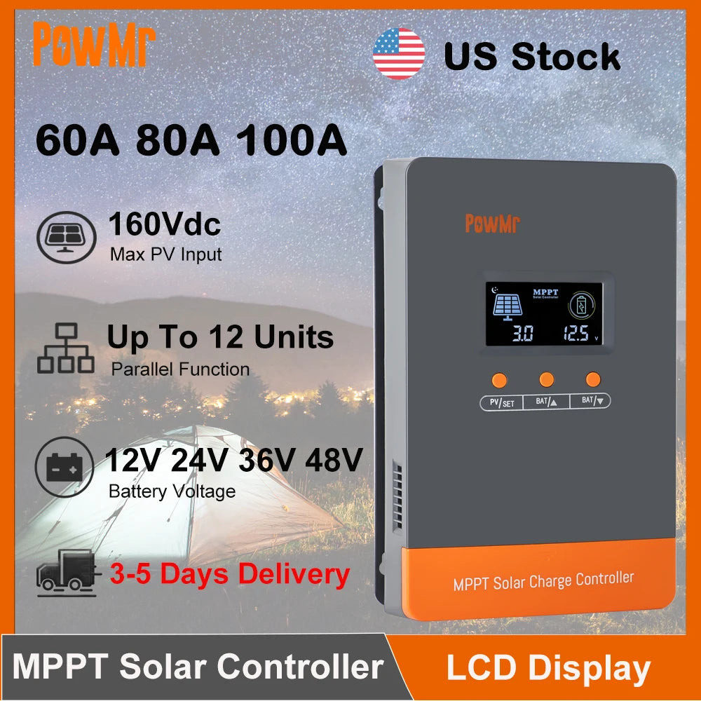PowMr MPPT Solar Charge Controller - 60A, 80A or 100A, 12V to 48V