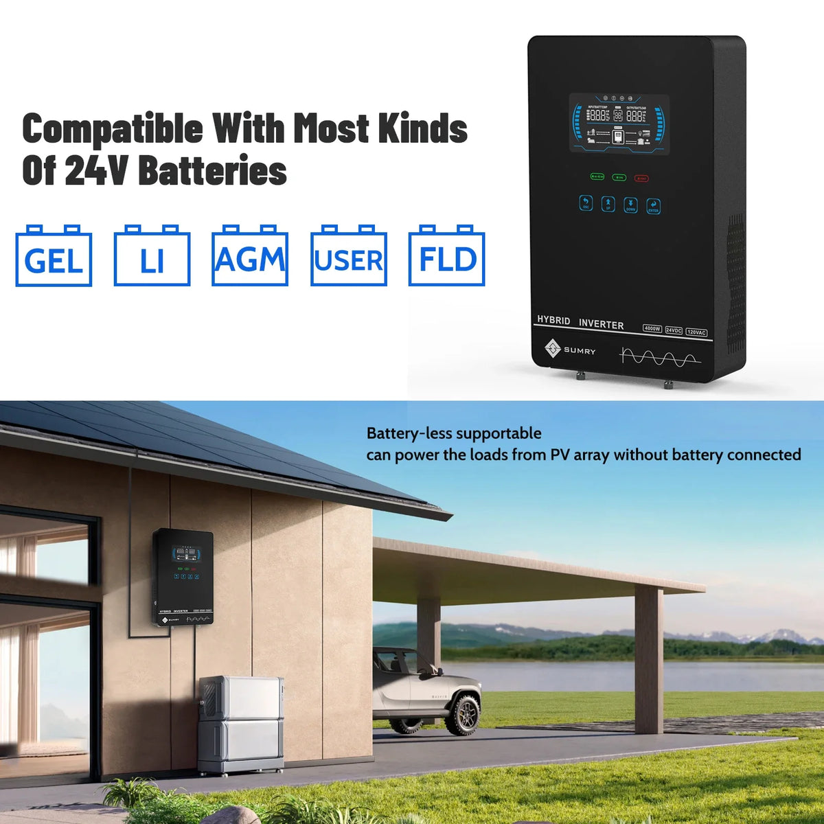 SUMRY HGX 4000W Pure Sine Wave Inverter Charger - 24V to 120V, 140A MPPT, 5600W Max PV