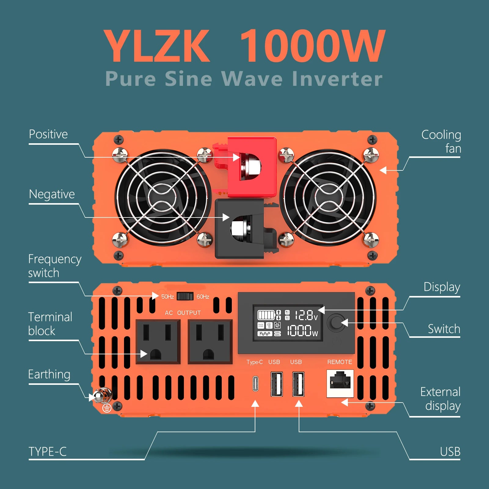 YULONGNE 1000W Pure Sine Wave Inverter - 12V DC to 110V AC