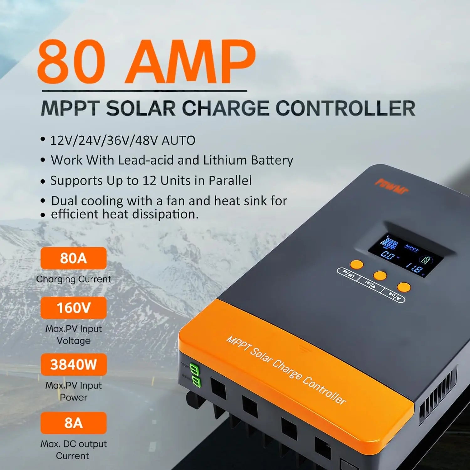 PowMr MPPT Solar Charge Controller - 60A, 80A or 100A, 12V to 48V