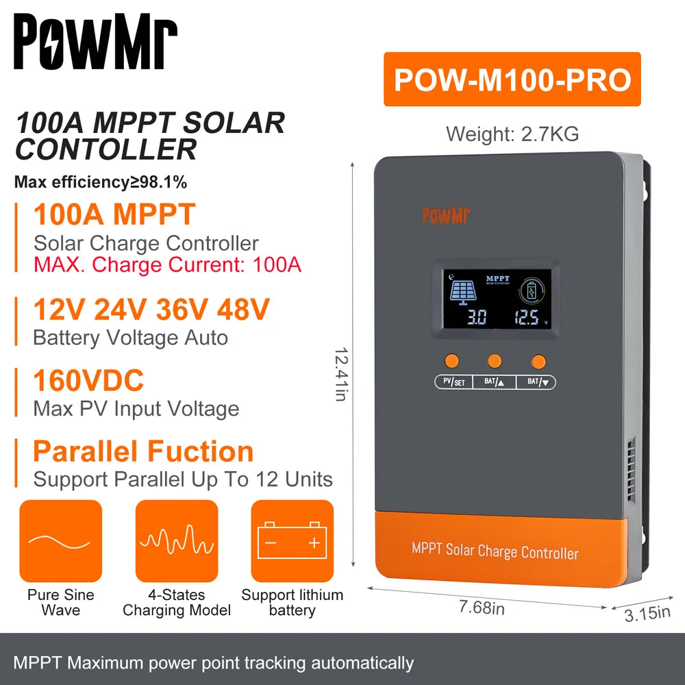 PowMr PRO MPPT Solar Charge Controller - 80A or 100A, 12V to 48V