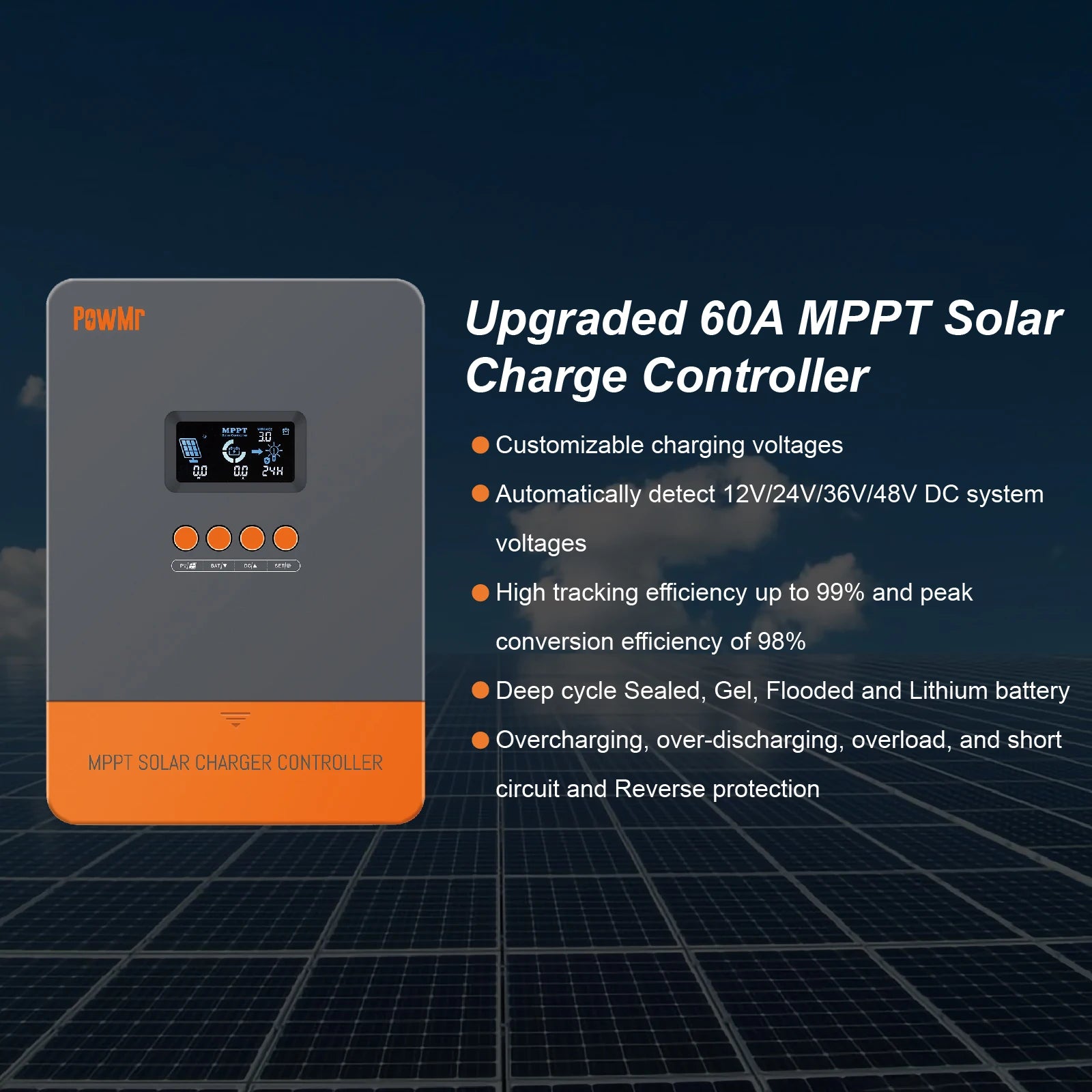 PowMr MPPT Solar Charge Controller - 60A, 80A or 100A, 12V to 48V