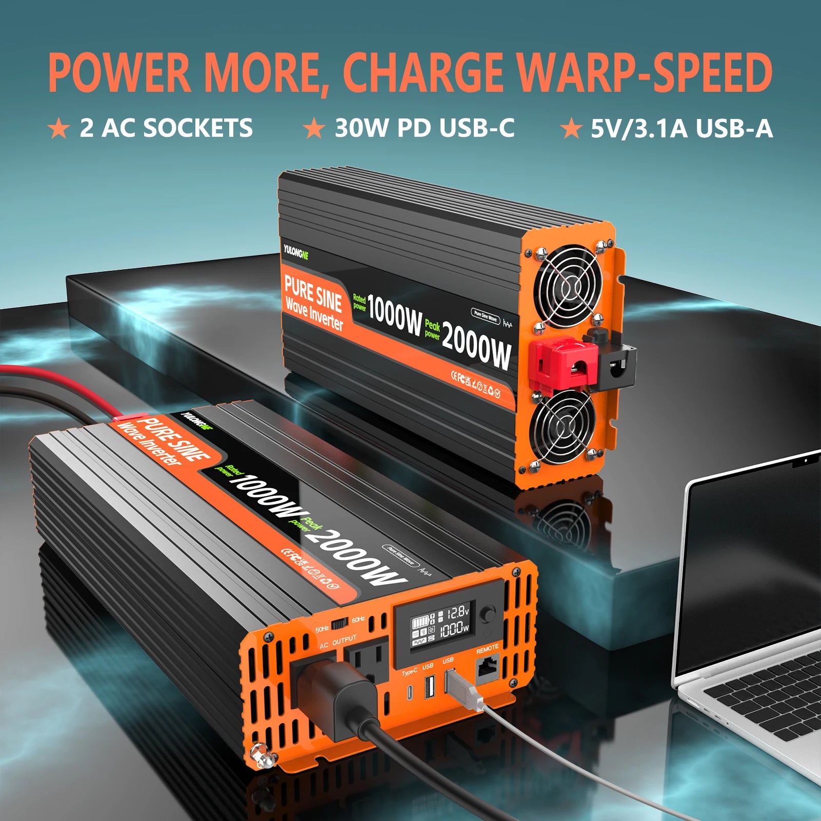YULONGNE 1000W Pure Sine Wave Inverter - 12V DC to 110V AC